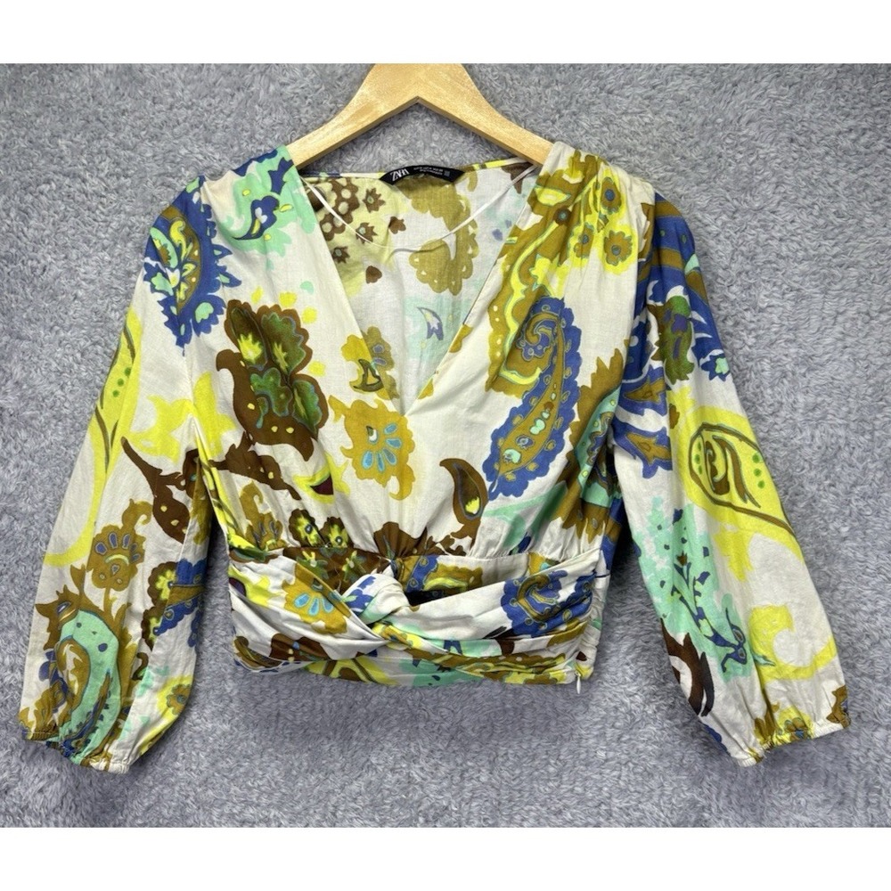 Zara Womens Long Sleeve Twist Front Crop Top Medium Paisley Boho V Neck Fitted - Picture 9 of 11